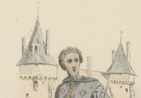 Antique French Print of Courtly Fashion, Reign of Charles V, circa 1860, close-up 3