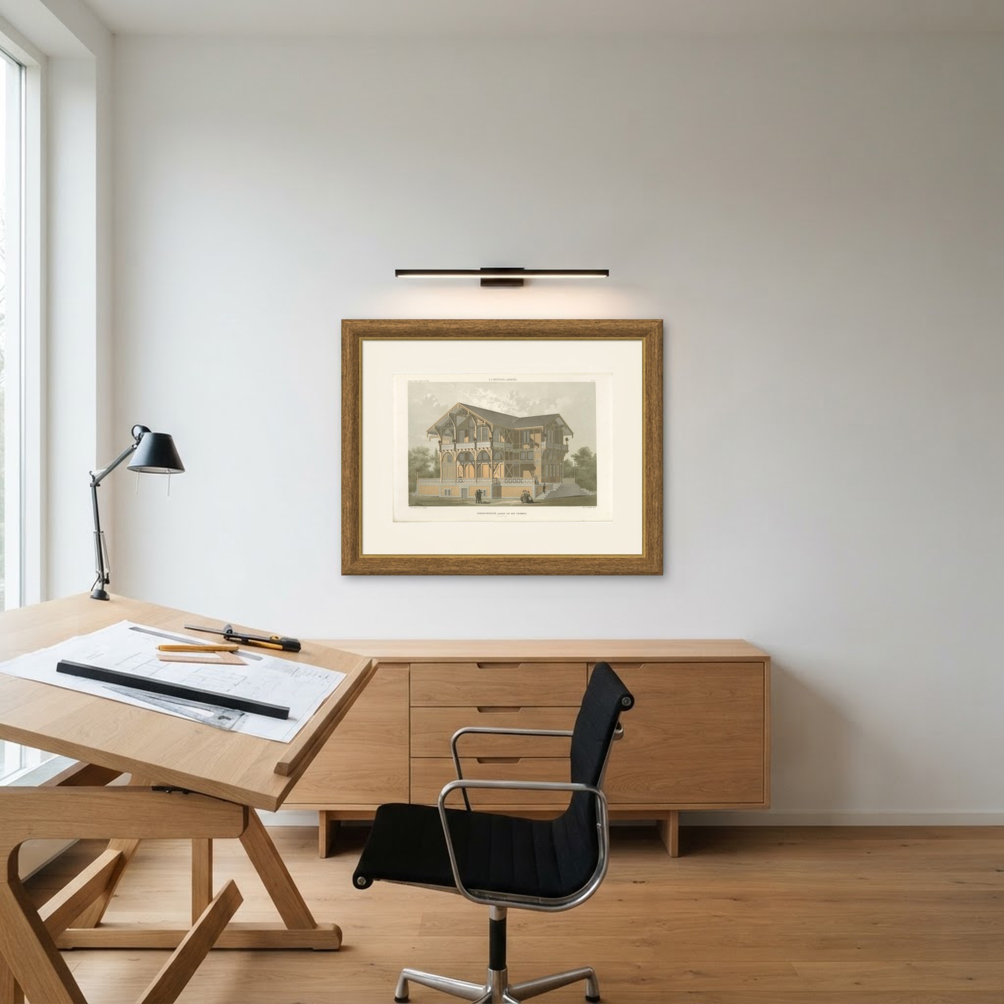Swiss Chalet Aviary, Perspective, Dutch Architecture Print, Leliman, 1865-1866, shown framed in a room