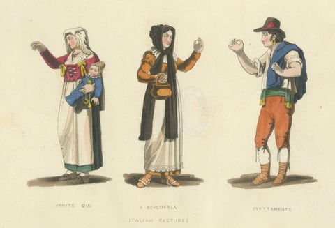 Italian Gestures: Traditional Costumes and Body Language, 1820s Engraving, close-up 5