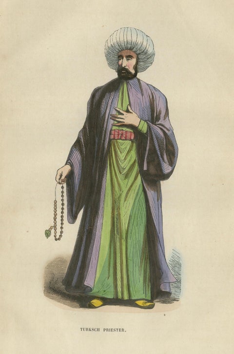 Turkish Religious Scholar - Antique Ottoman Costume Lithograph, c.1852, close-up 1