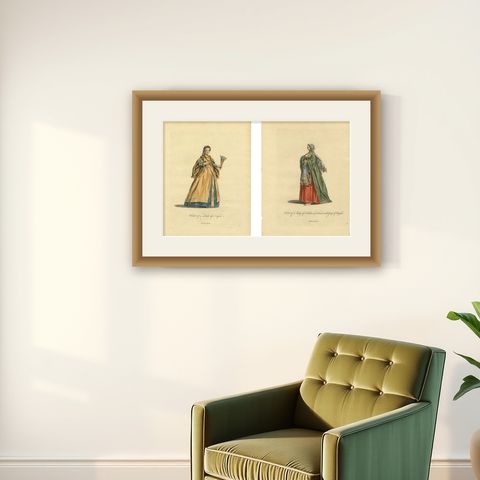 Grand Tour Italian Costume Prints, Naples & Ischia Ladies, Set of 2, 1749, shown framed on a wall