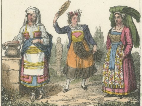 Women of Sora, Ischia, Lipari and Procida with Sicilian Dancers, 1842, close-up 1