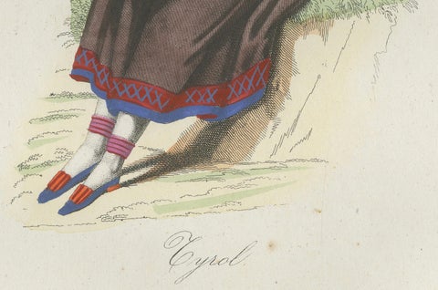 Tyrolean Woman Costume Print, Antique Hand-Colored Lithograph, 1854, close-up 1