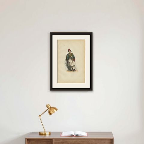 Greek Gentleman in Traditional Costume - Antique Hand-Colored Lithograph, 1852, shown framed on a wall