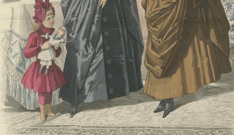 French Fashion Print, Interior Mirror Scene, Parisian Ladies, c.1887, close-up 2