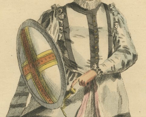 English Gentleman in 1588 with Shield and Sword, Jefferys Costume Print, 1757, close-up 2