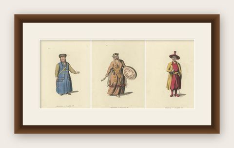 Traditional Mongolian Attire in Alexander's Russian Ethnographic Engraving, 1814, shown framed
