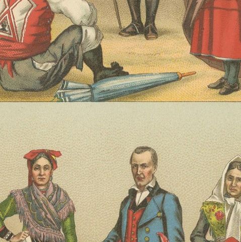 Pl. 176 Antique Print of Spanish Costumes by Racinet, 'circa 1880', close-up 2