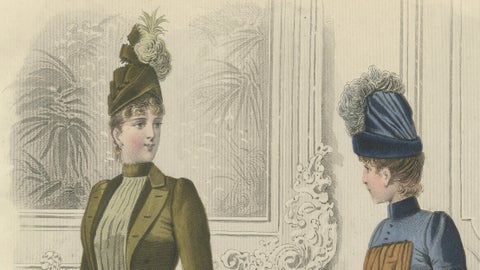 French Fashion Print, Parisian Ladies & Child Interior Scene, c.1887, close-up 2