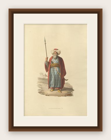 Antique Print of an Mameluke Officer, the Military Costume of Turkey , 1818, shown framed