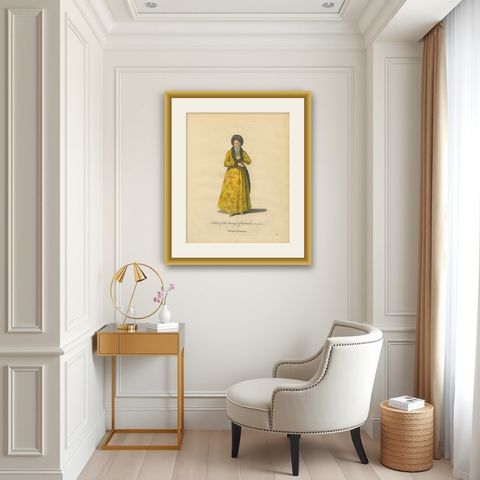 Antique Costume Print of a Princess of Wallachia, Engraving Jefferys, 1749, shown framed in a room