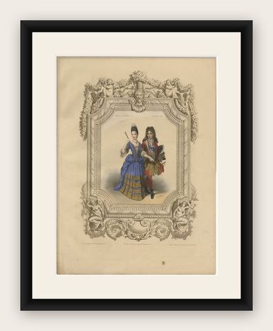 Louis XIV French Court Costume, Royal Couple, 1847, shown framed