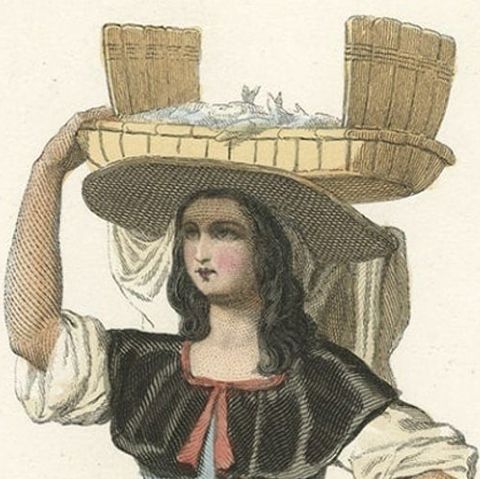 Antique Print of a Woman in Portugal Woman Selling Fish, 1850, close-up 1