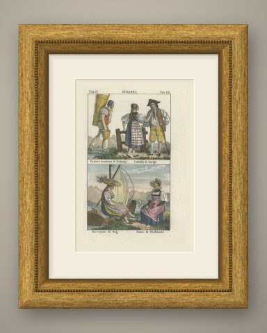 Herdsman of Fribourg, Zurich Peasants and Women of Zug and Neuchatel, 1842, shown framed