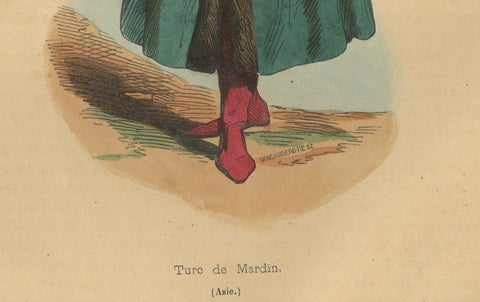 Traditional Attire of a Man from Mardin in Turkey in 19th Century Lithograph, close-up 1