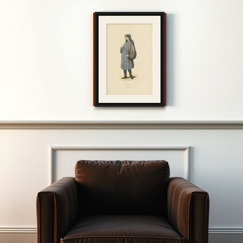 Medieval Sobriety: A Scholarly Figure in 'Costume du Moyen Âge, 1847, shown framed on a wall