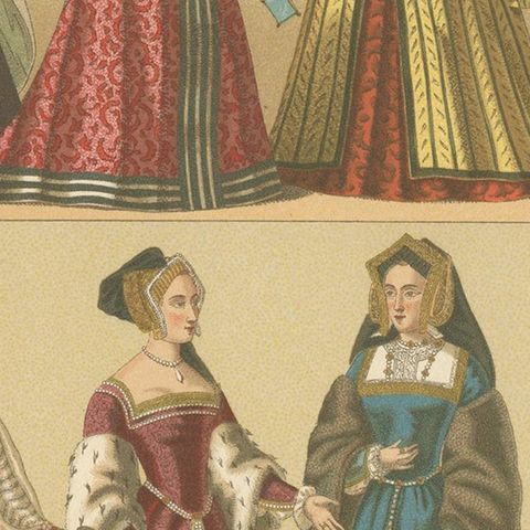 Pl. 64 Antique Print of European XVIth Century Costumes by Racinet, circa 1880, close-up 2