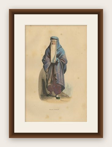 Elegant 1844 Lithograph of a Persian Woman in Traditional Attire, shown framed