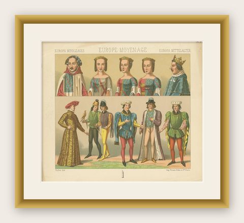 Pl. 21 Antique Print of European Costumes by Racinet 'circa 1880', shown framed