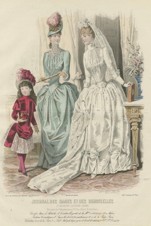 French Fashion Print, Bridal Scene with Ladies & Child, c.1887, close-up 1
