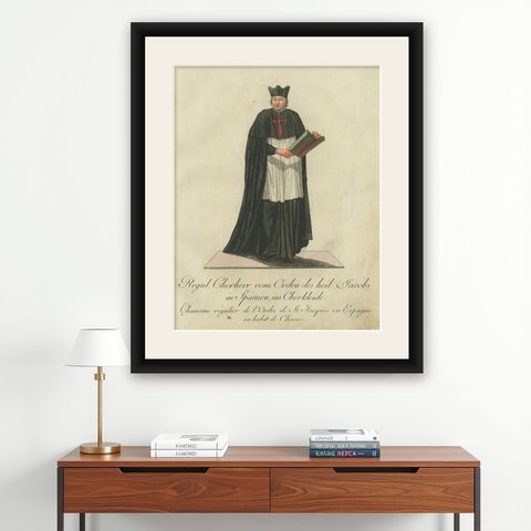 Regular Canon of the Order of St. James of Spain in Choir Attire, 1791 Engraving, shown framed on a wall