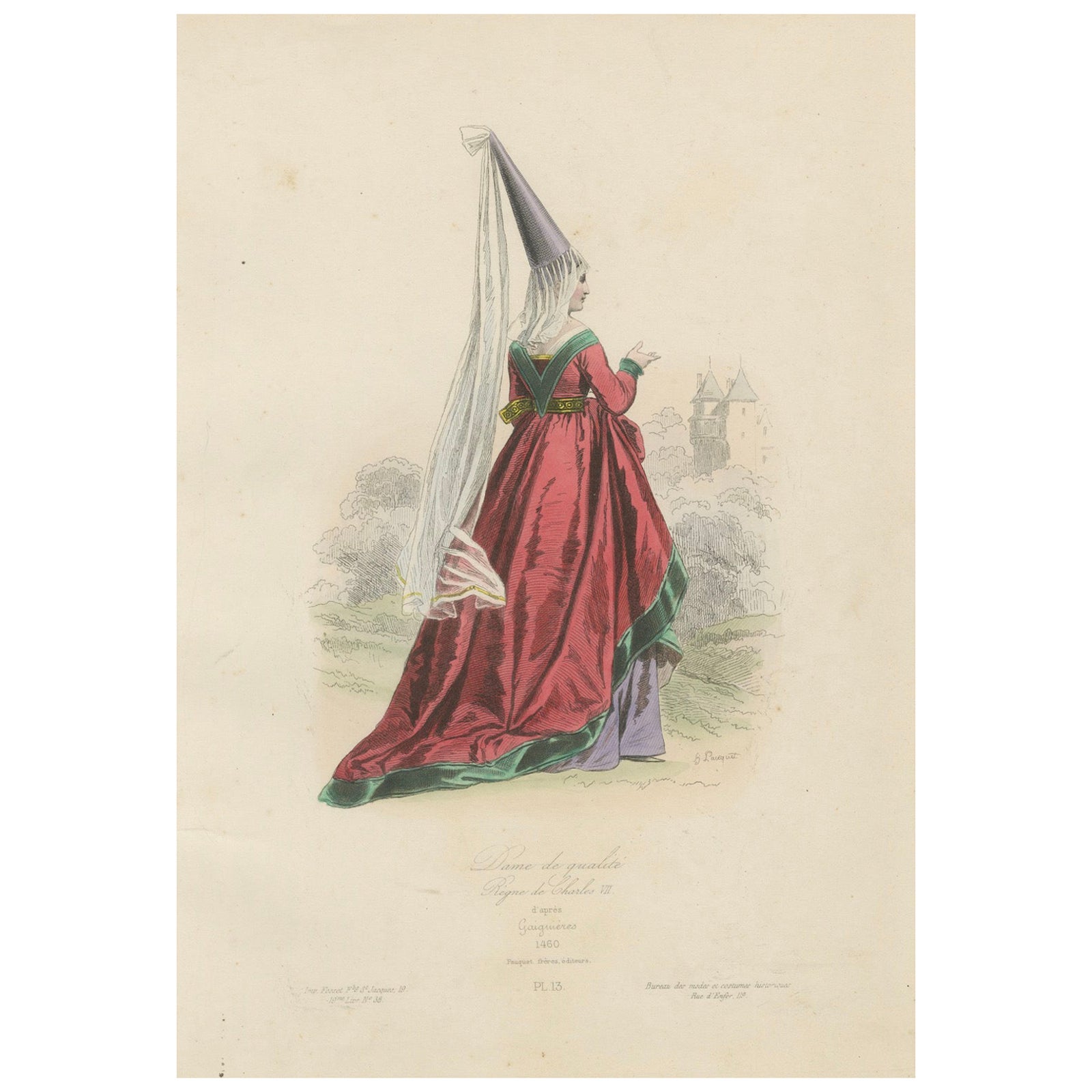 Antique French Costume Print of a Noble Lady in Medieval Attire, 19th Century