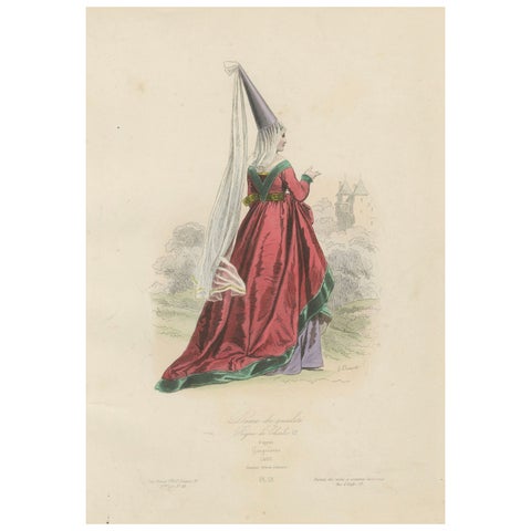 Antique French Costume Print of a Noble Lady in Medieval Attire, 19th Century