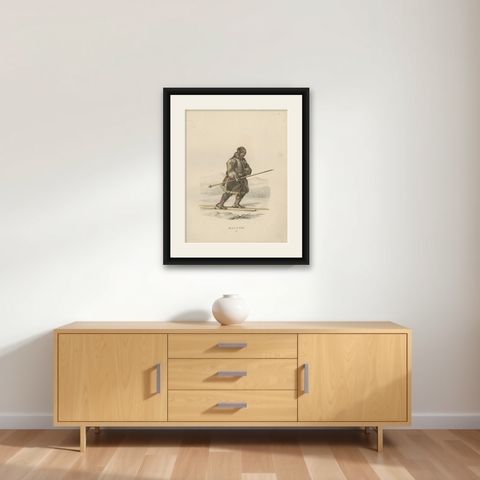 Antique Costume Print of Kaitum, Lapland, Sweden by Sandberg, circa 1864, shown framed on a wall