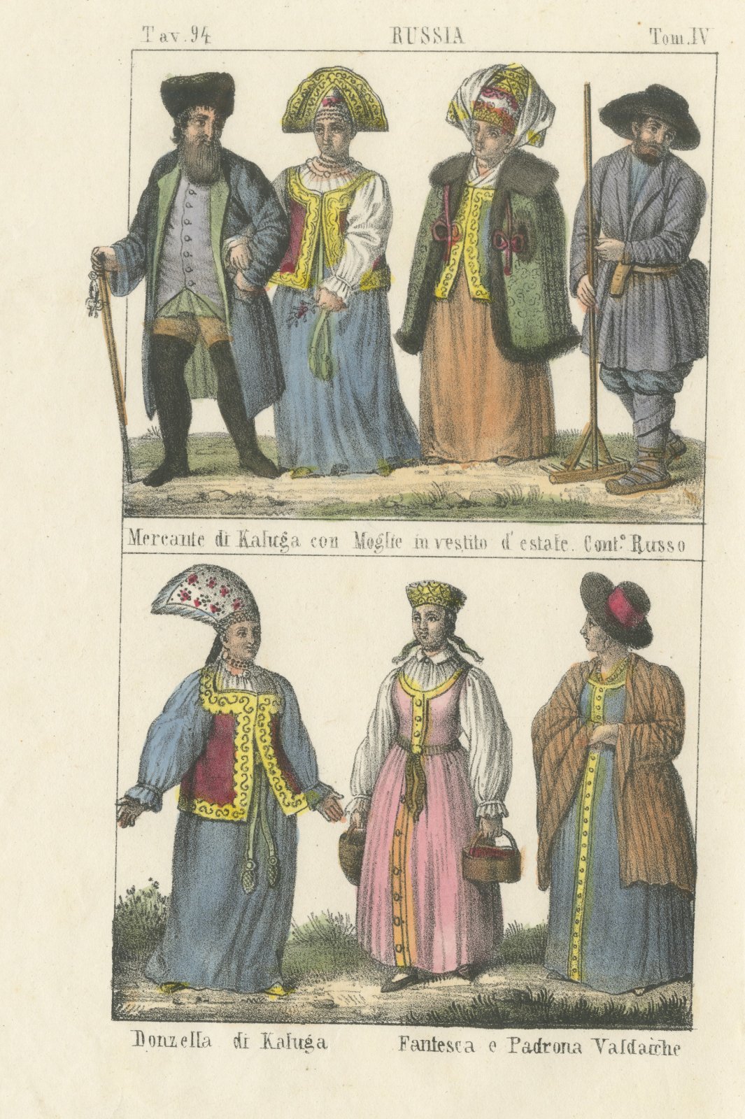 Kaluga Merchant and Wife, a Russian Peasant and Women of Valdai, 1842