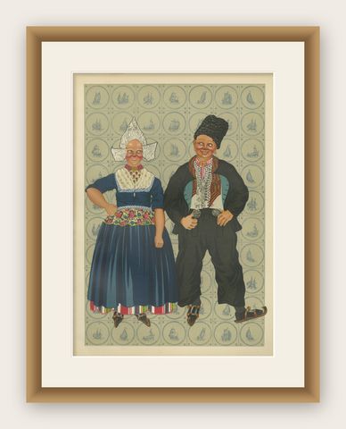 Colorful Volendam Wedding Attire, 19th Century, Antique Dutch Costume Print, shown framed