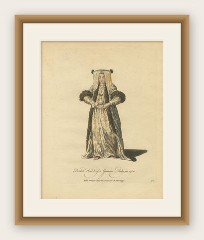 Antique Costume Print Grecian Lady Bridal Dress Jefferys, 1749, shown framed