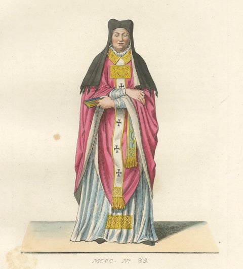 Religious Costume c.1400, Antique 1845 Print of Ecclesiastical Figure, close-up 1