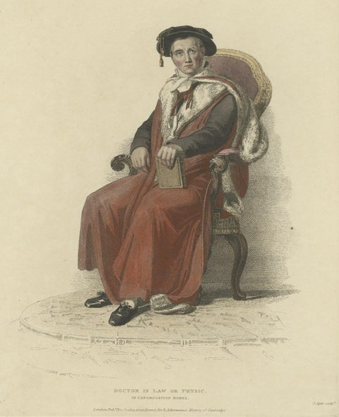 Old Hand-Colored Print of a Doctor in Law or Physic, in Congregation Robes, 1814, close-up 1