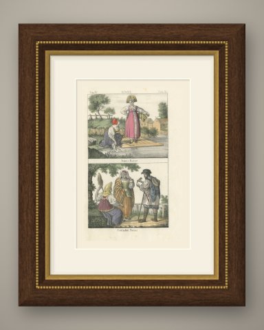Russian Women Washing Linen and Russian Peasants with a Distaff, 1842, shown framed