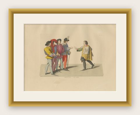 Medieval Messengers & Courtiers, Elegant Hand-Colored Antique Print, France 1845, shown framed
