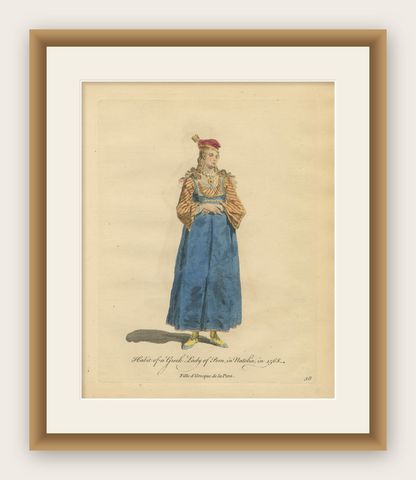 Greek Lady of Pera, Ottoman Costume Print, Hand-Colored Engraving, 1749, shown framed