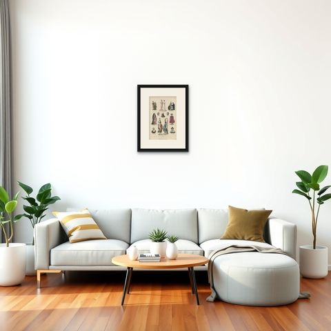 Antique Print with Costumes of England, Sweden, Holland and Others, shown framed in a room