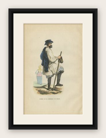 Russian Peasant from the Moscow Region - Antique Costume Lithograph, c.1852, shown framed