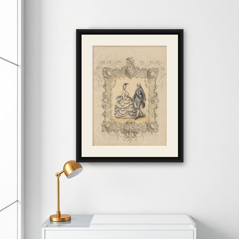 Louis XV & Madame de Pompadour Rococo Court Costume Lithograph, 1847, shown framed on a wall