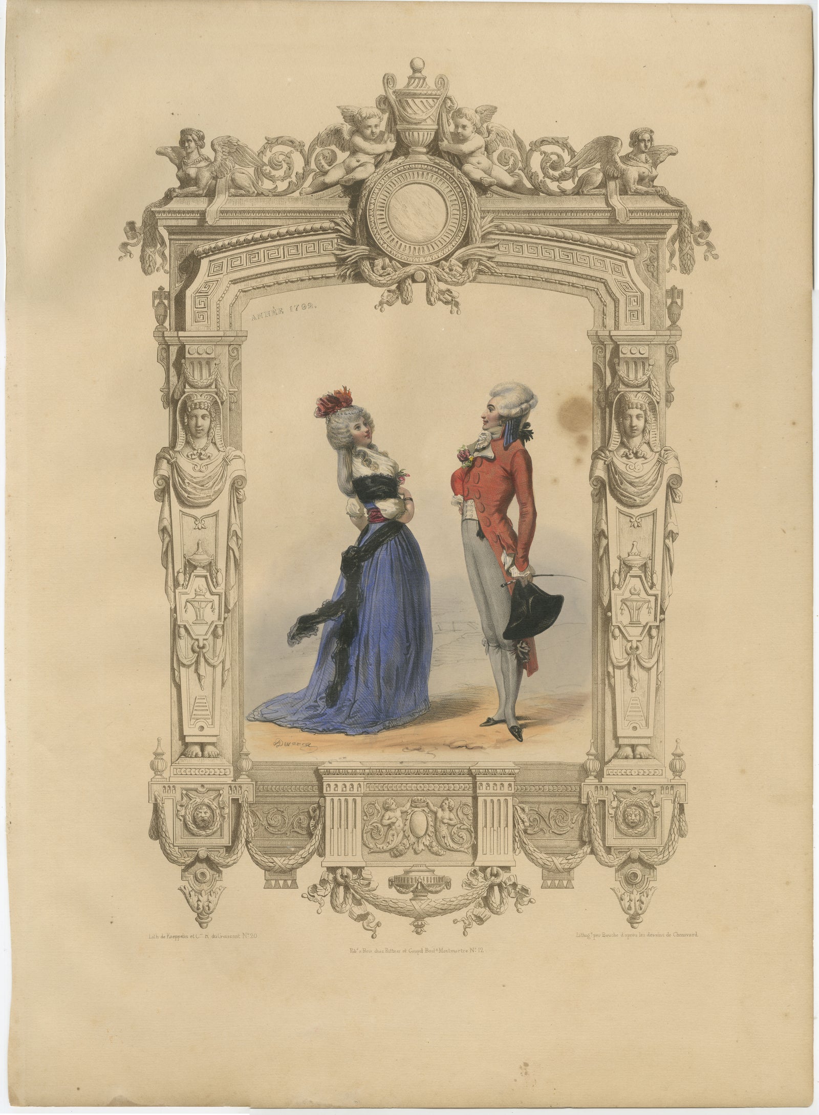 Louis XVI French Court Costume Lithograph, 1792, Published 1847