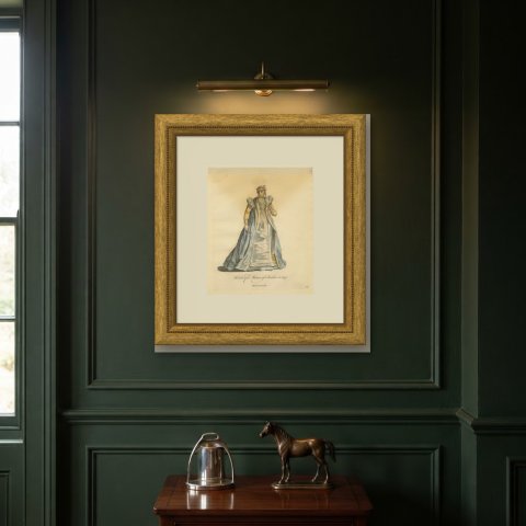 Matron of Swabia in Fur-Trimmed Blue Gown, Costume of 1577, Jefferys 1757, shown framed on a wall