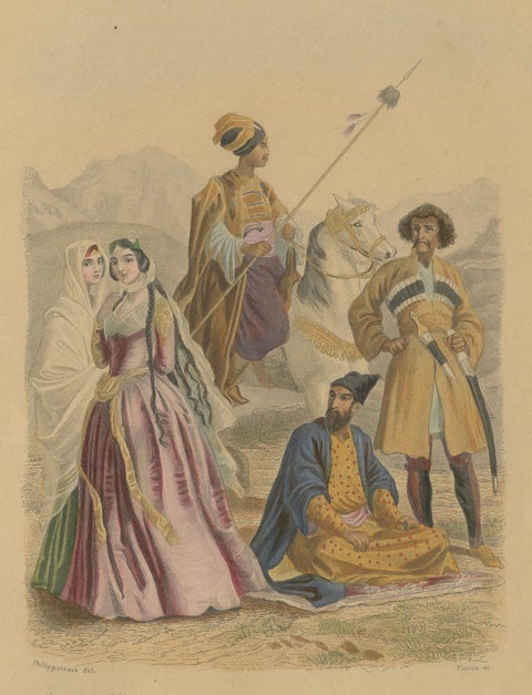 Antique Costume Prints of Asia: Persian, Kurdish, Circassian, Figures c1860, close-up 1