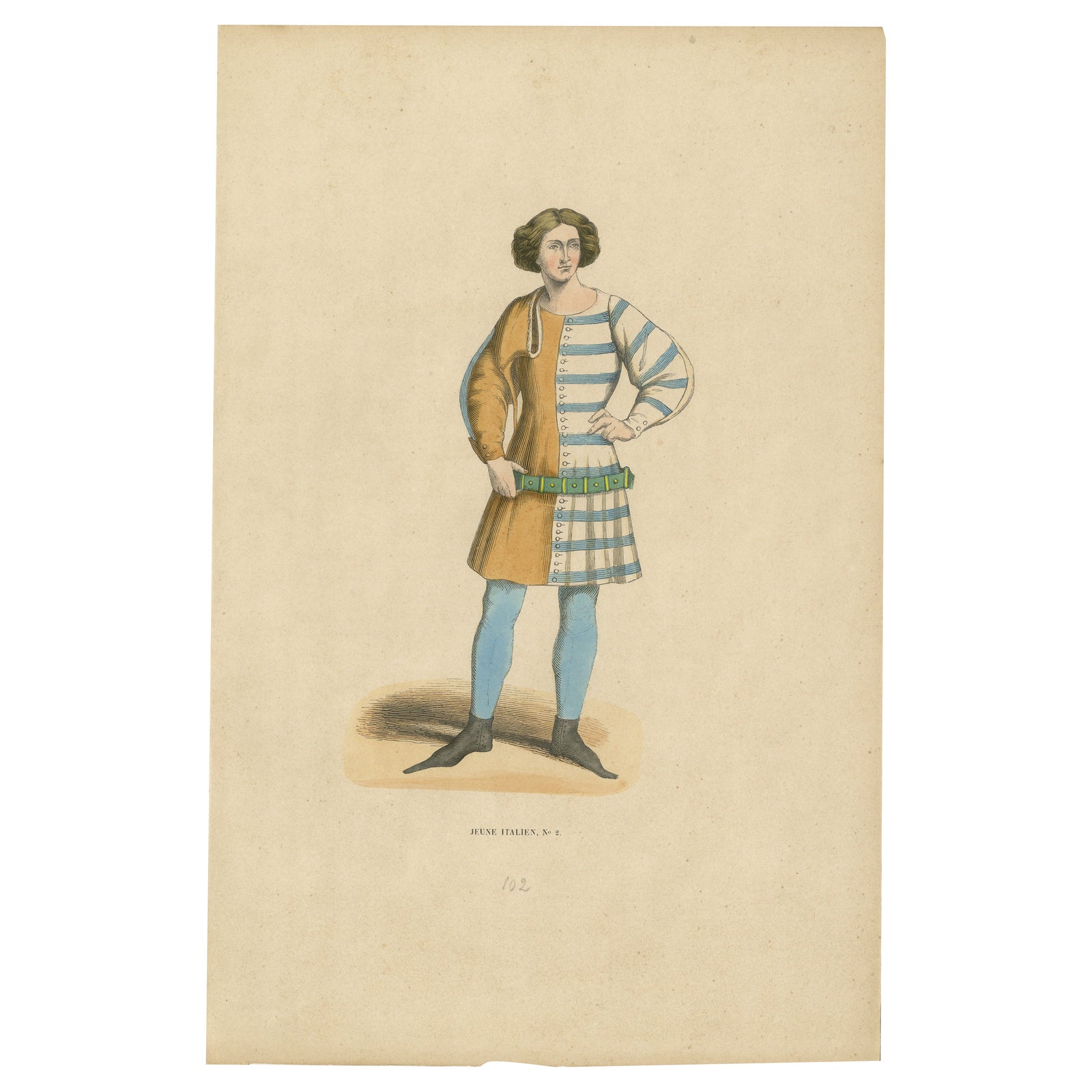 Elegant Renaissance Italian Youth Fashion, Published and Hand-Colored in 1847