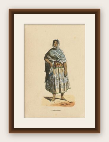 Antique Costume Print of a Female in Jalapa by Wahlen, 1843, shown framed