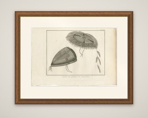 Antique Print of Alaska Costumes by Cook, 1803, shown framed