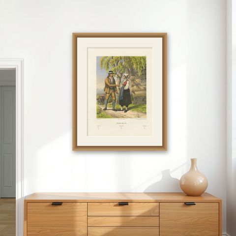 Norwegian Country Attire, Vos Folk Dress, Antique Chromolithograph, c.1860, shown framed on a wall