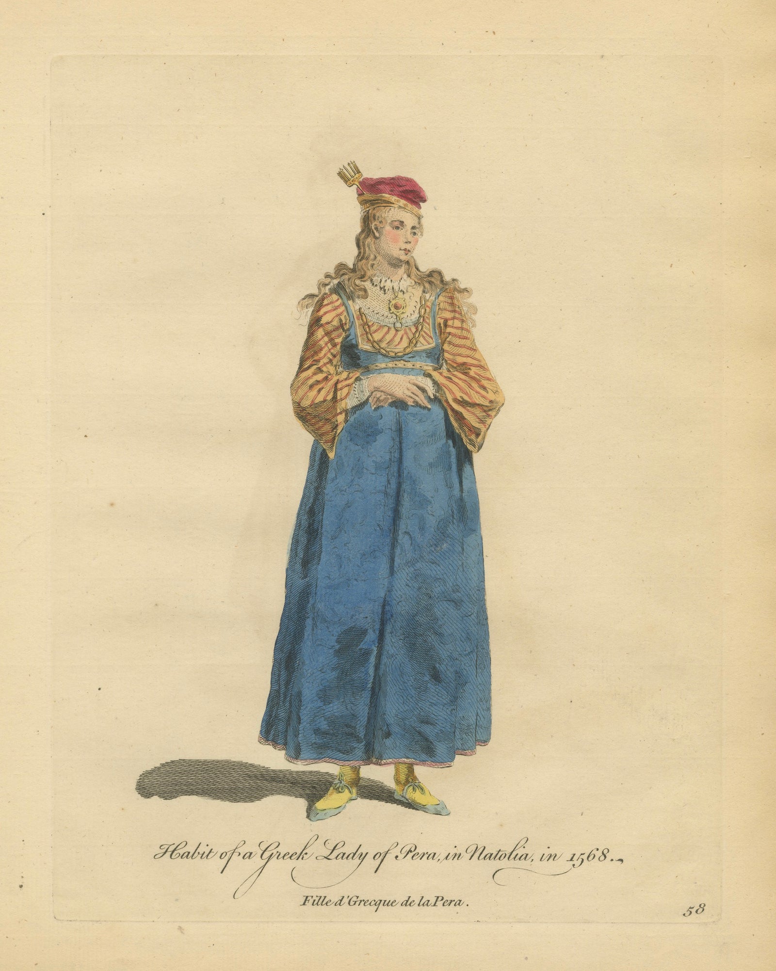 Greek Lady of Pera, Ottoman Costume Print, Hand-Colored Engraving, 1749