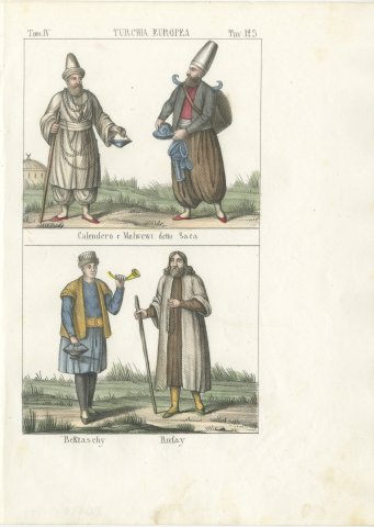 Kalenderi, Mevlevi Water Carrier, Bektashi and Rufai Dervishes, 1842, view 2