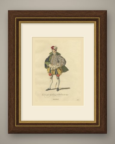 German Nobleman in Plumed Red Cap and Paned Hose, Costume of 1577, 1757, shown framed