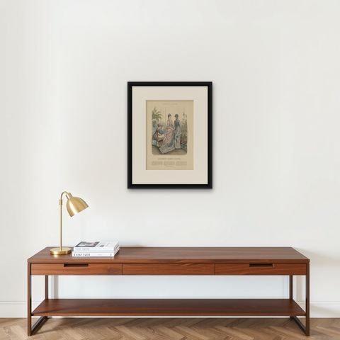 Antique Female Fashion Print by Marquart, 1880, shown framed on a wall